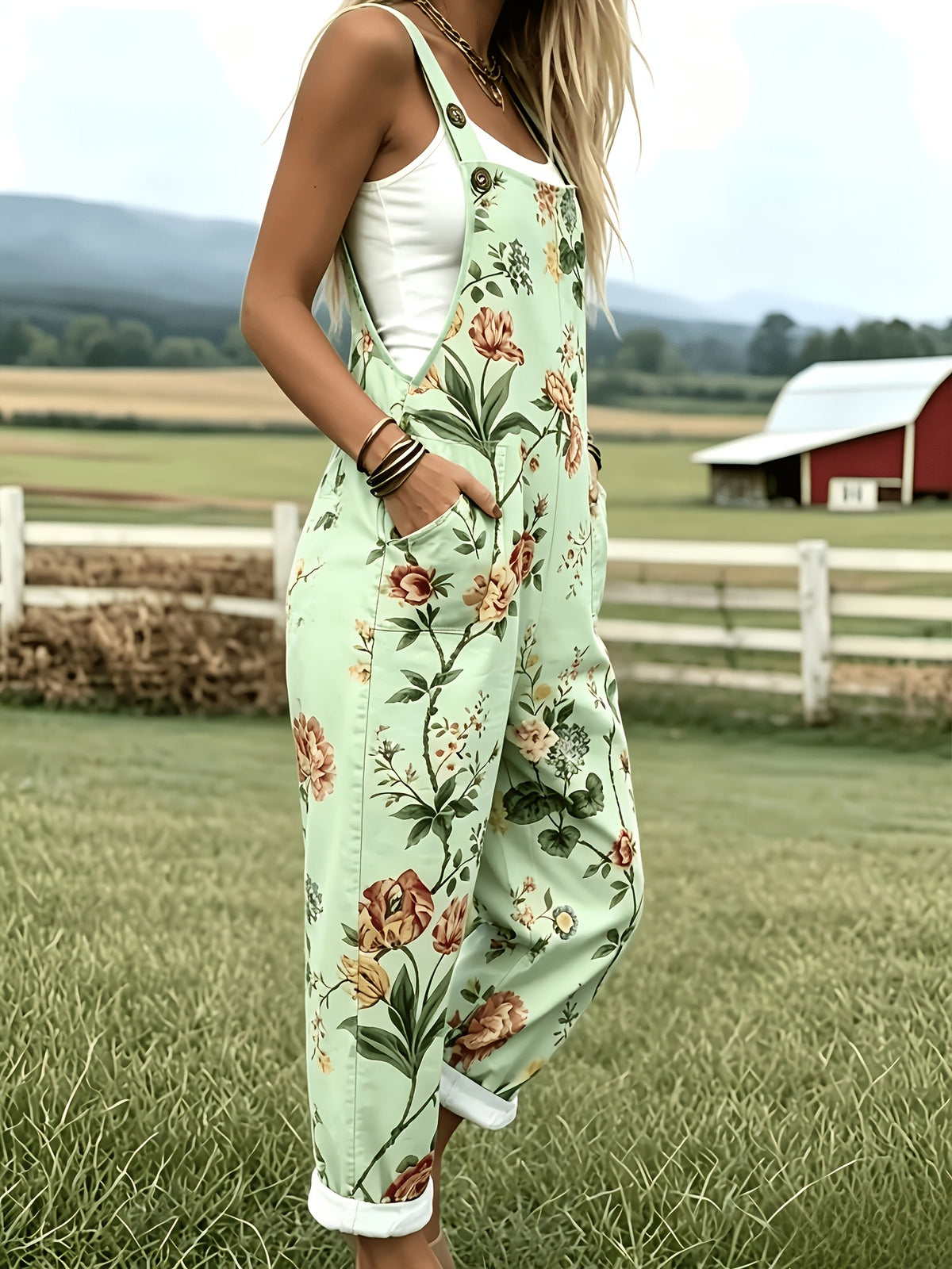 Women'S Fashion Design Versatile Overalls with Button Adjustable Straps - Cartoon Cute Floral Print A87 - Green