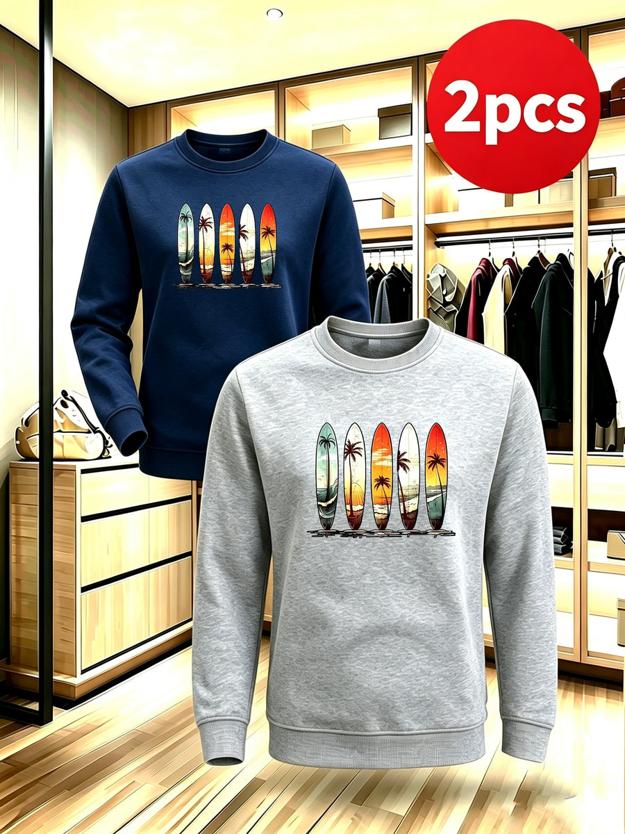 2pcs Men'S Fall Winter Thick Fleece Lined Crewneck Pullover, Retro Beach Surfboard Tree Sunset Graphic, Versatile Warm Long Sleeve Top, Daily Commute, Outdoor Activity, Street Style, Friend Meetup - Navy Blue+Light Grey