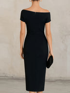 ST26047 One-Shoulder Waist-Cinching Pleated Dress Banquet Commute Slit Evening Dress - Black