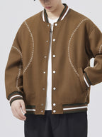 [Villa Le Water OBM] 2026 New American Street Color-Block Baseball Jacket Men'S Autumn Trendy Brand Design Embroidered Couple Coat Preppy Style Casual Top - Coffee Color
