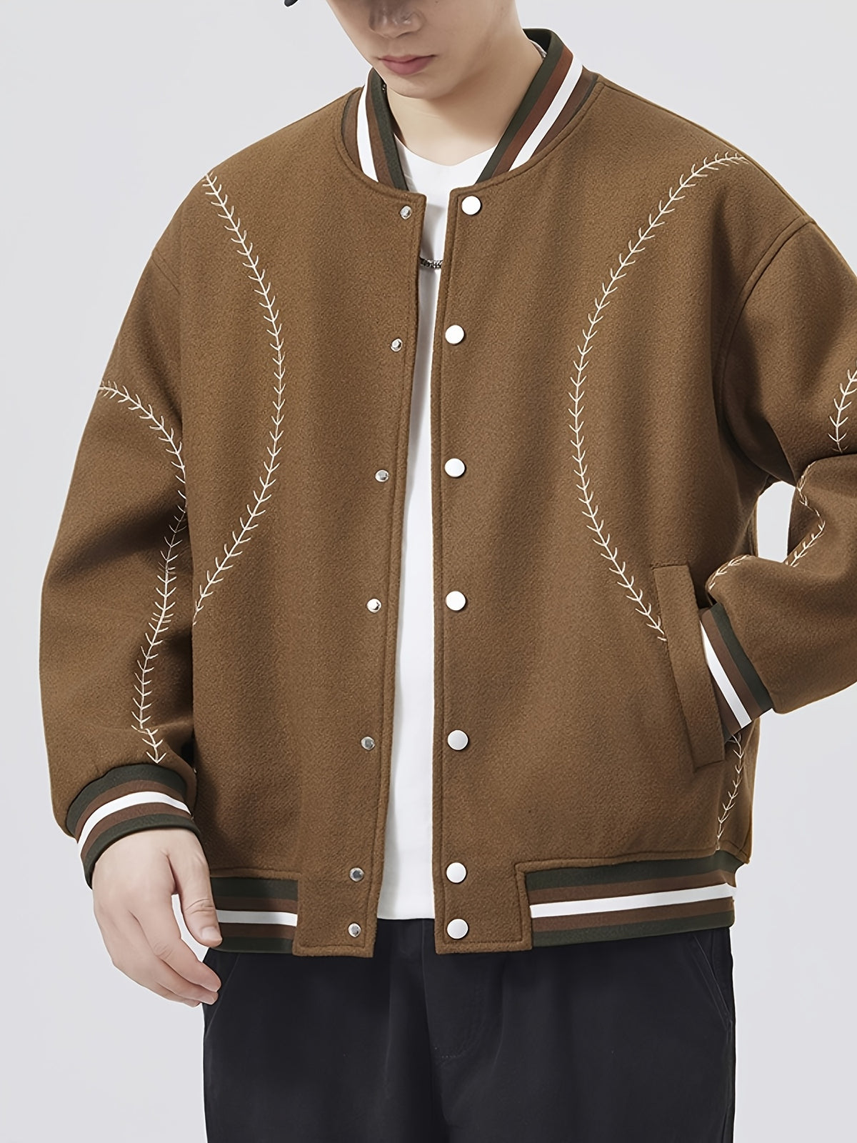 [Villa Le Water OBM] 2026 New American Street Color-Block Baseball Jacket Men'S Autumn Trendy Brand Design Embroidered Couple Coat Preppy Style Casual Top - Coffee Color