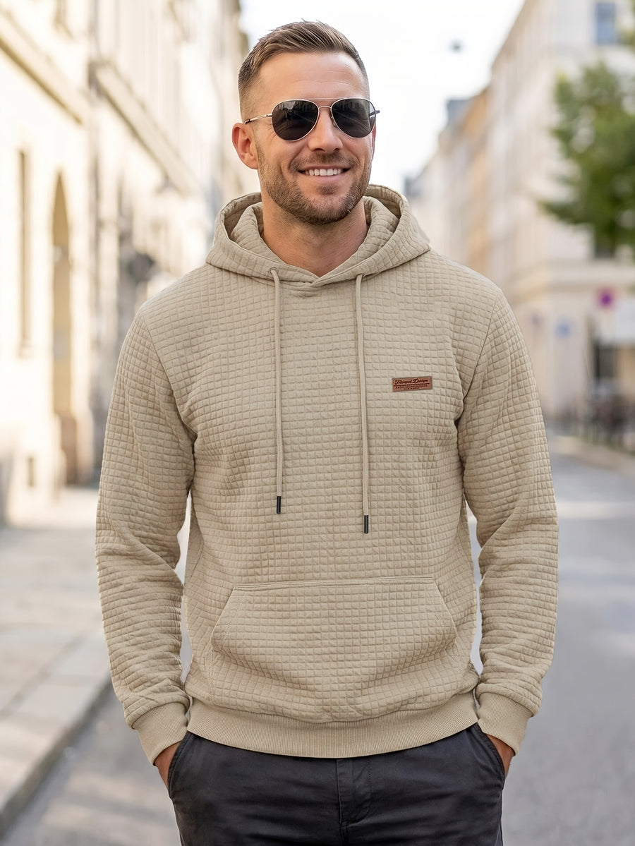 American Style New Men's Casual Pullover Jacquard Sweatshirt, Plaid Hooded Sweatshirt with Large Pocket - Khaki