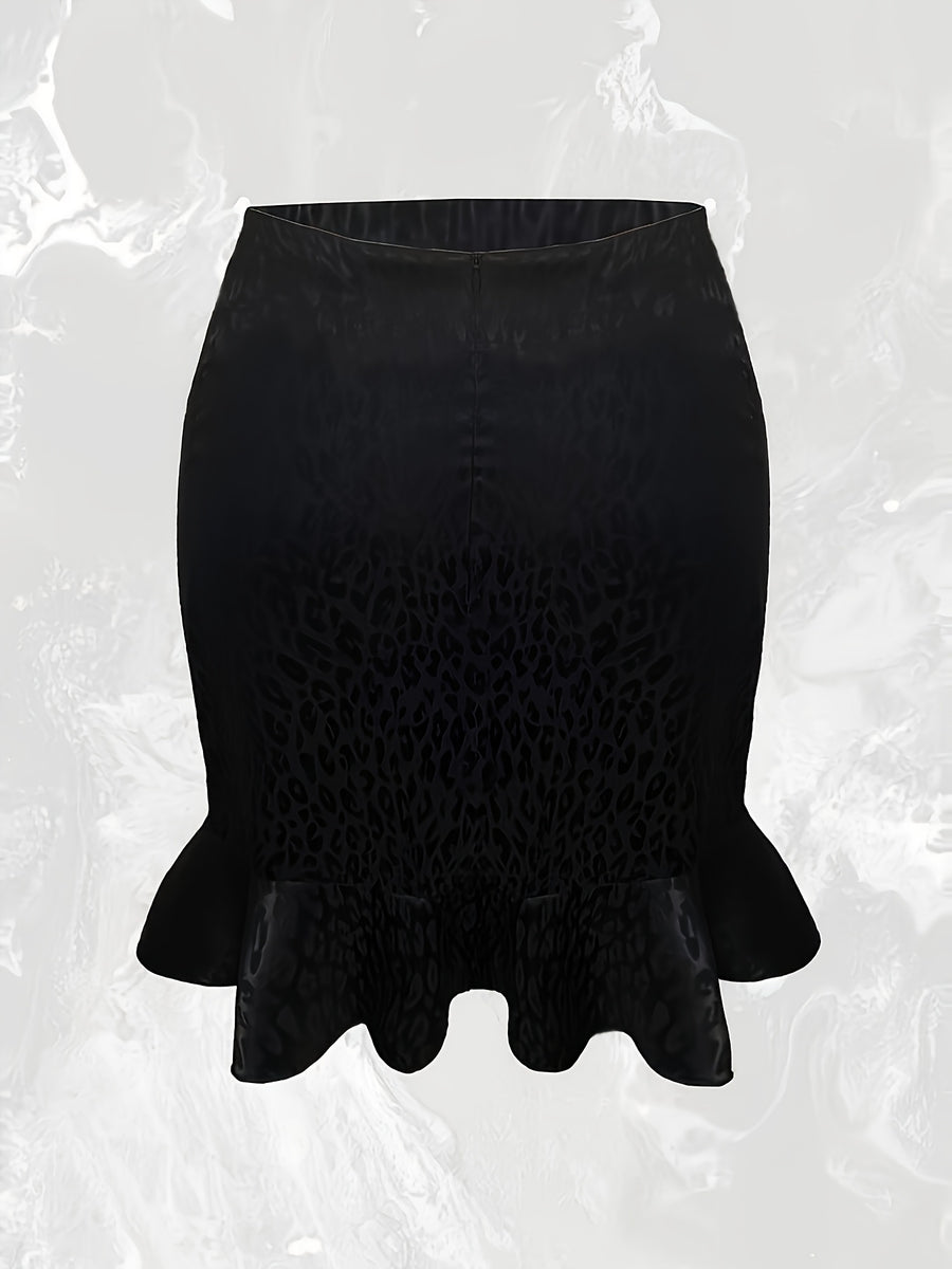 Elegant Directional Leopard Print Drawstring Tie Ruffled Short Skirt - Black