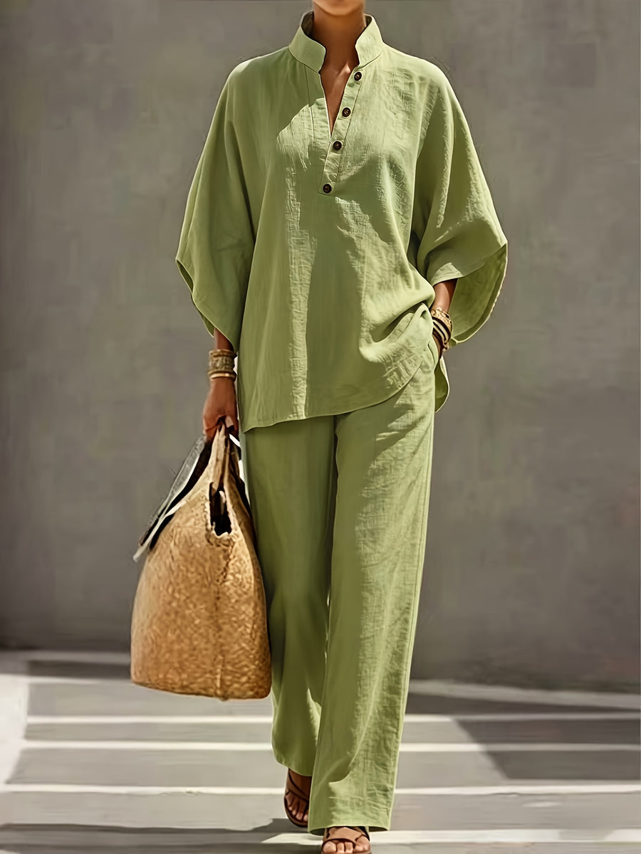 [PLMM] Spring Autumn Winter Women'S Fabric Button Short Collar Fashion Casual Two-Piece Long Pants Set - Olive