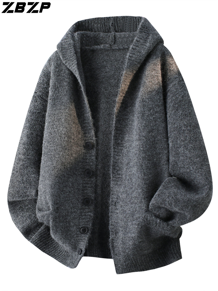 ZBZP Autumn/Winter Knitted 3D Solid Color Hooded Sweater, Basic Knit Cardigan, Men's Fashion Knitted Long-Sleeve Outerwear DM - Dark Gray