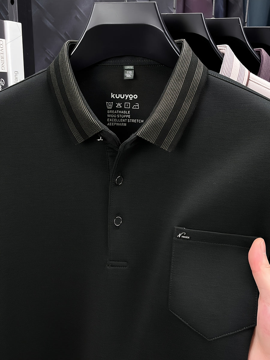 Men's Multi-Color Contrast Lapel Long-Sleeve Polo Shirt, Business Pullover Top with Real Pockets, Skin-Friendly and Breathable, Suitable for Business Commuting, Business Trips, Parties, Daily Home Wear, and Casual Base Layers - Dark Green