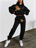 Autumn Winter Trendy Fashion Hooded Drawstring Sweatshirt And Joggers Women'S Set Zipper Bear Print Trendy Play Style Cold Weather Comfortable Outfit Classic Silhouette Comfortable Fit Casual Home Outing Two-Piece Set - Black