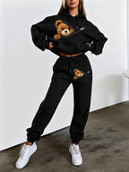 Autumn Winter Trendy Fashion Hooded Drawstring Sweatshirt And Joggers Women'S Set Zipper Bear Print Trendy Play Style Cold Weather Comfortable Outfit Classic Silhouette Comfortable Fit Casual Home Outing Two-Piece Set - Black