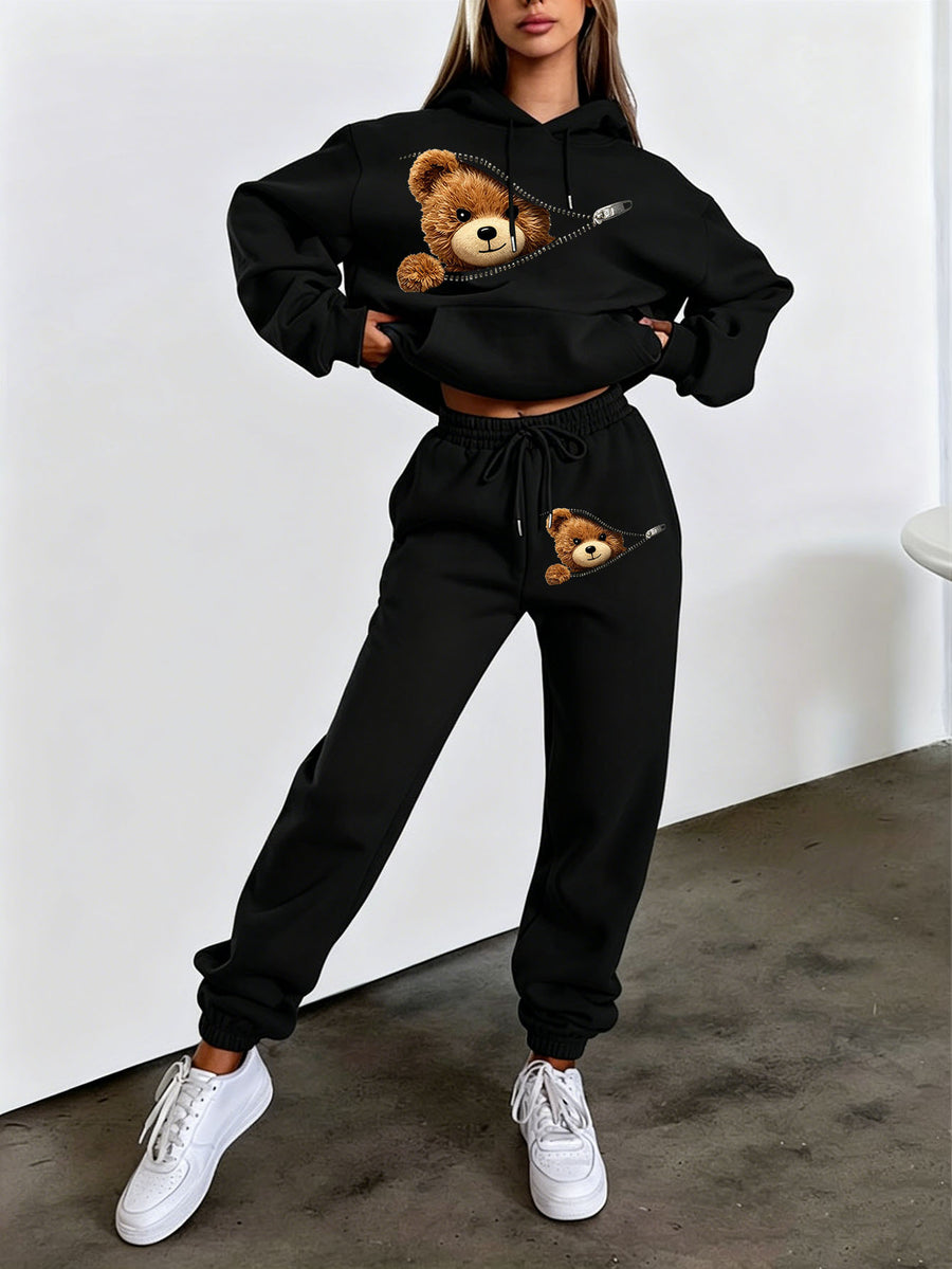 Autumn Winter Trendy Fashion Hooded Drawstring Sweatshirt And Joggers Women'S Set Zipper Bear Print Trendy Play Style Cold Weather Comfortable Outfit Classic Silhouette Comfortable Fit Casual Home Outing Two-Piece Set - Black