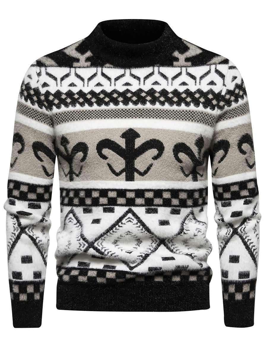 Retro Fair Isle Jacquard Semi-High Neck Sweater Men'S Autumn Winter Knitwear Ethnic Style Casual Pullover Top - Black
