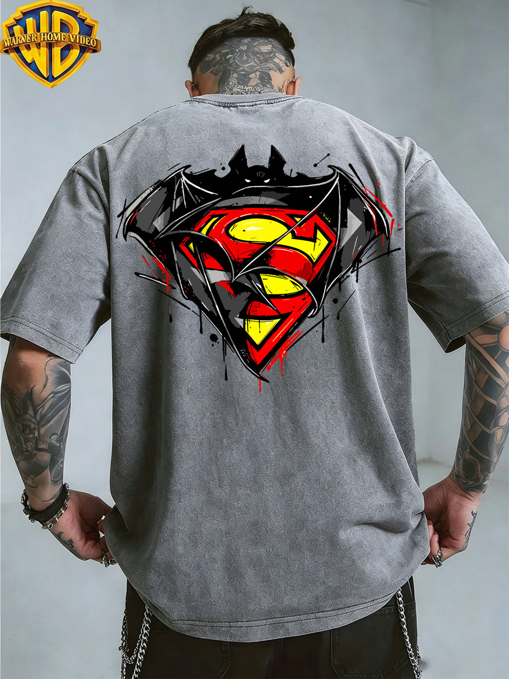 Warner Bros. Exclusive License, Hip-Hop Street DC Superman Batman Logo Print Design Men'S Summer Loose Round Neck Commuter Short Sleeve T-Shirt, Multi-Style, Loose Fit, Suitable for Summer Wear, Suitable for Outdoor Activities, Fitness, Parties - Grey