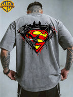 Warner Bros. Exclusive License, Hip-Hop Street DC Superman Batman Logo Print Design Men'S Summer Loose Round Neck Commuter Short Sleeve T-Shirt, Multi-Style, Loose Fit, Suitable for Summer Wear, Suitable for Outdoor Activities, Fitness, Parties - Grey