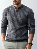 New Spring/Autumn Men's Half-Zip Stand Collar Cable Knit Long-Sleeve Sweater. The Stand Collar and Half-zip Design with Three-dimensional Cable Knitting Make It Suitable for Daily Commutes, Light Business Meetings, and Casual Gatherings - Light Grey