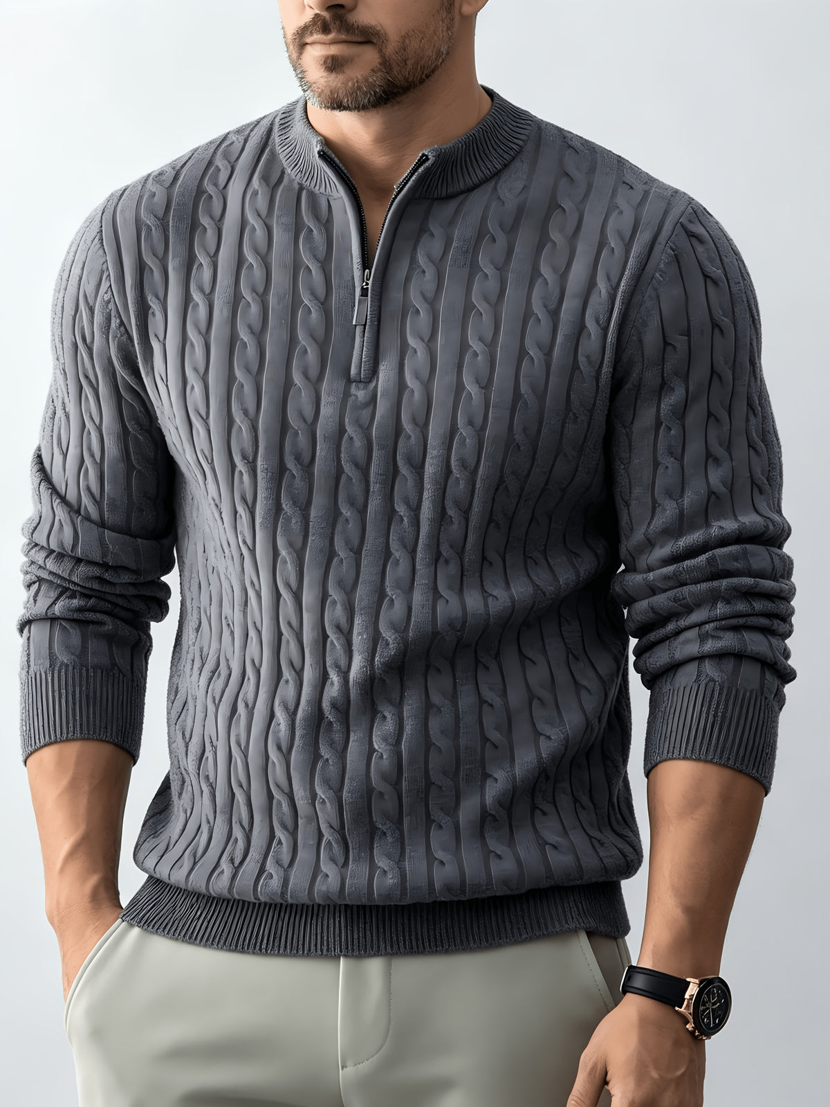New Spring/Autumn Men's Half-Zip Stand Collar Cable Knit Long-Sleeve Sweater. The Stand Collar and Half-zip Design with Three-dimensional Cable Knitting Make It Suitable for Daily Commutes, Light Business Meetings, and Casual Gatherings - Light Grey