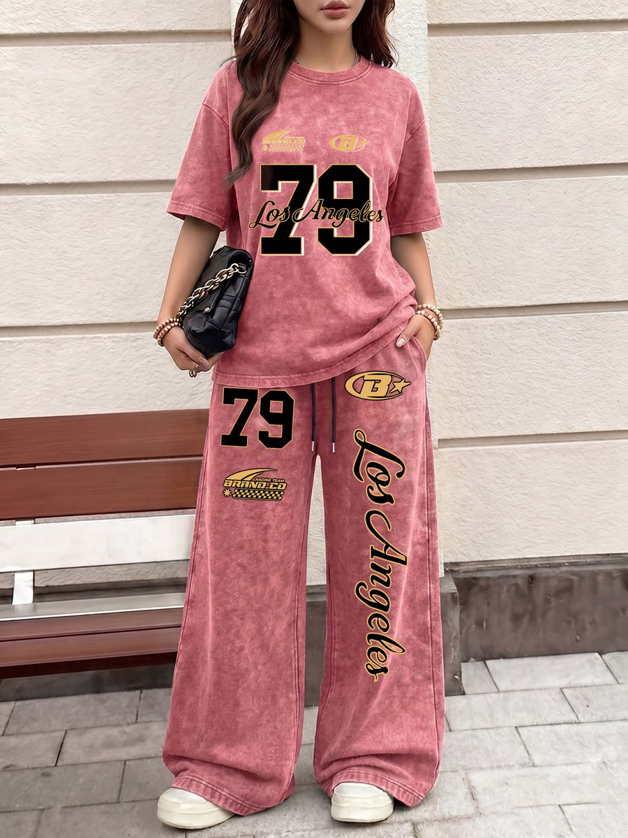 American Racing Style Los Angeles 79 Letter Graphic Print, Women's 2pcs Set, Vintage Washed Loose Fit Casual Crew Neck Short Sleeve T-Shirt + Elastic Waist Drawstring Vintage Washed Casual Sport Long Pants, Women's 2pcs Outfit - Red+Red