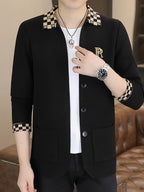 [Wading Whale OBM] Spring/Autumn New Men'S Knit Cardigan, Old Money Style Color-Block Checkered Lapel with Embroidered Logo Pocket And Button-Front Design, Men'S Business Casual Fashion Cardigan Top, Suitable for Spring, Autumn, Winter Outerwear - Black