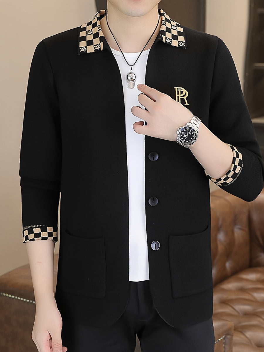 [Wading Whale OBM] Spring/Autumn New Men'S Knit Cardigan, Old Money Style Color-Block Checkered Lapel with Embroidered Logo Pocket And Button-Front Design, Men'S Business Casual Fashion Cardigan Top, Suitable for Spring, Autumn, Winter Outerwear - Black