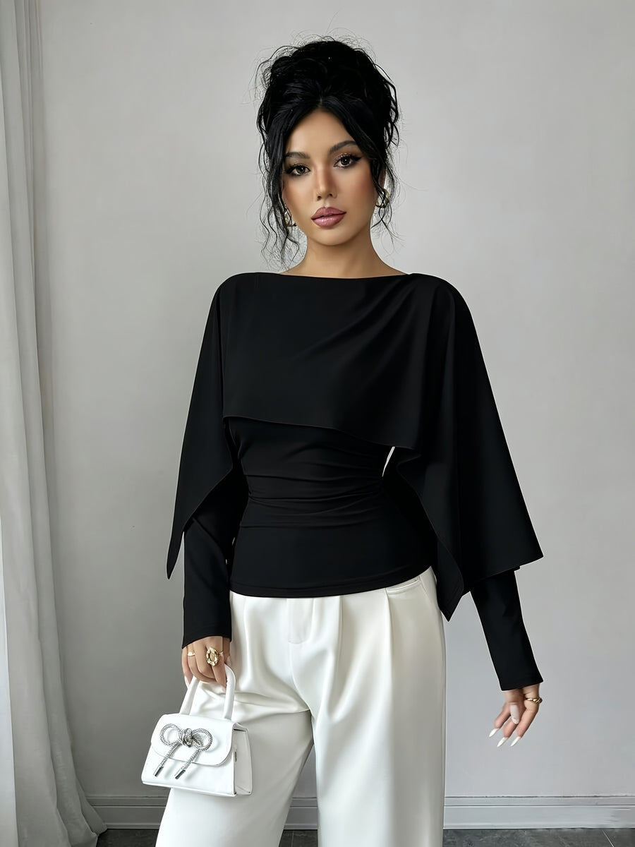 Women's Fashionable Solid-color V-neck Pleated Shawl-style Long-sleeved Fitted T-shirt with Side Pleats for Waist Shaping and an Irregular Shawl Design as a Base Layer T-shirt, Suitable for Early Autumn Season. - Black