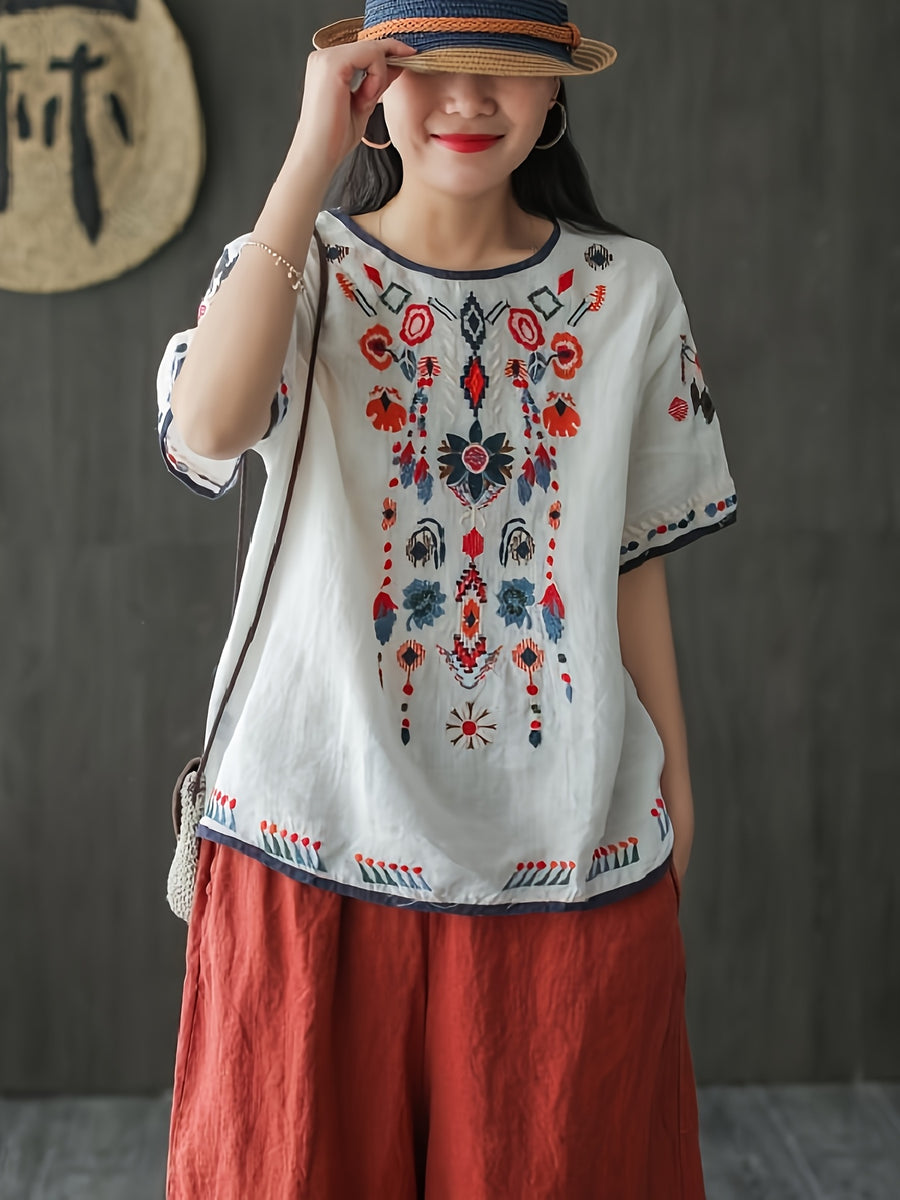 New Ethnic Style and Embroidered T-shirt for Women in Summer, Retro and Artistic, Loose and Oversized, and Versatile Short Sleeved Top The Chest, Cuffs, and Hem Are All Covered in Embroidered Patterns with Bohemian/ethnic Style - White