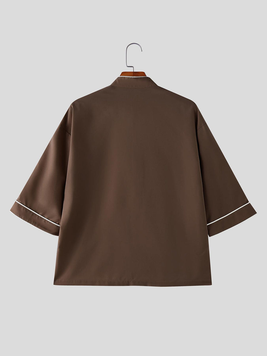 Men Retro Tops Frog Button Stand Collar Short Sleeve Loose Thin Outdoor Street New Chinese Style Casual Shirt, Chinese Size, Please Check The Size Guide Carefully - Light Brown-1