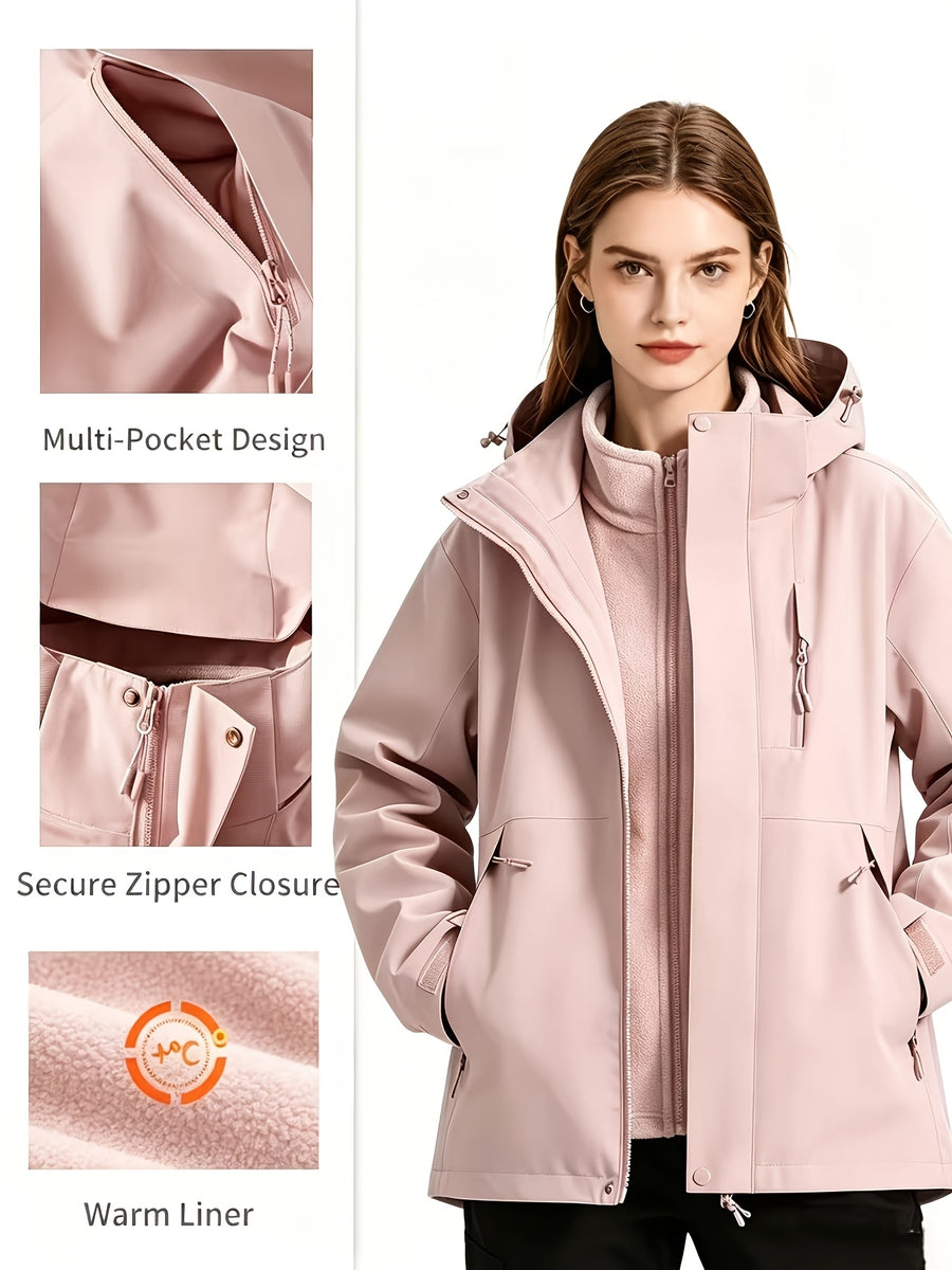 3-In-1 Shell Jacket Women'S Autumn Winter Outdoor Sports Wear Detachable Inner Lining Warm Mountaineering Coat - Mineral Powder
