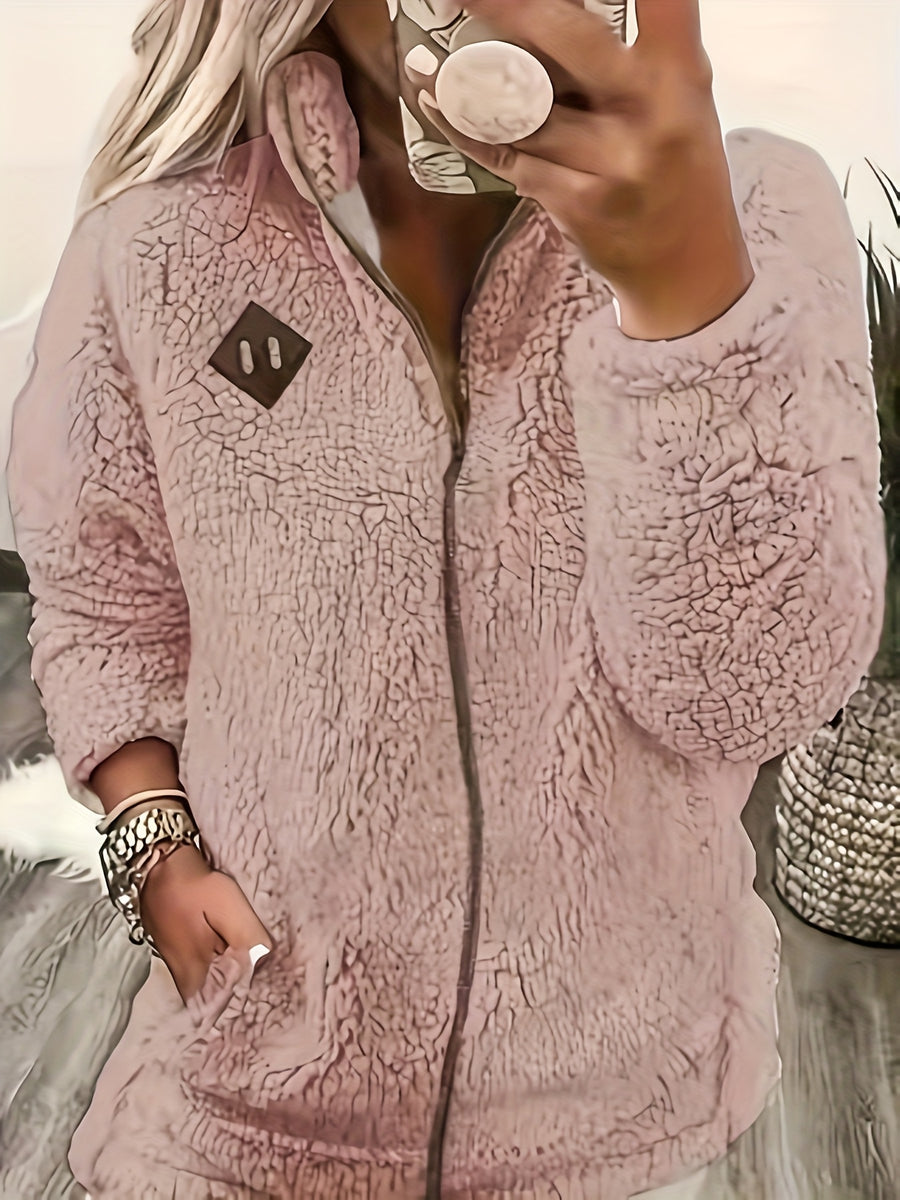 Women'S Faux Small Stand Collar Thick Jacket Coat - Pale Pinkish Gray