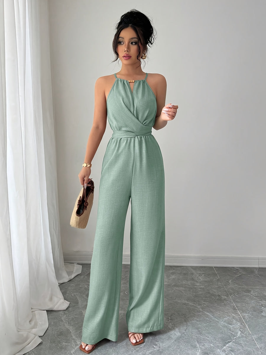 Women's Spring/Summer Casual Pleated Strappy Twist-Waist Maxi Jumpsuit - Green