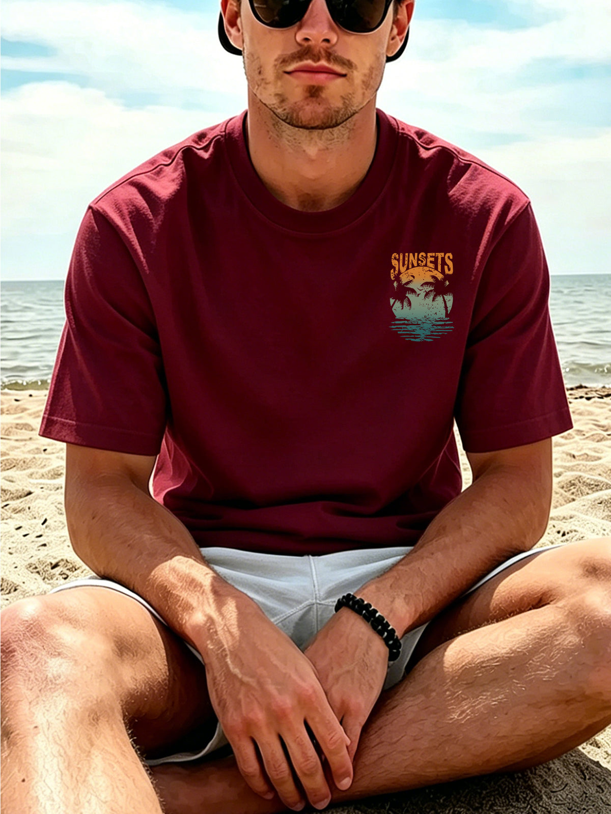 Men'S 100% T-Shirt, Orange-Green Gradient Vintage SUNSETS Coconut Tree Reflection Front And Back Print Design, Casual Trendy Streetwear Sports Short-Sleeve T-Shirt Summer New Arrival, Round Neck Short-Sleeve Summer Top, Casual Street Style - Burgundy
