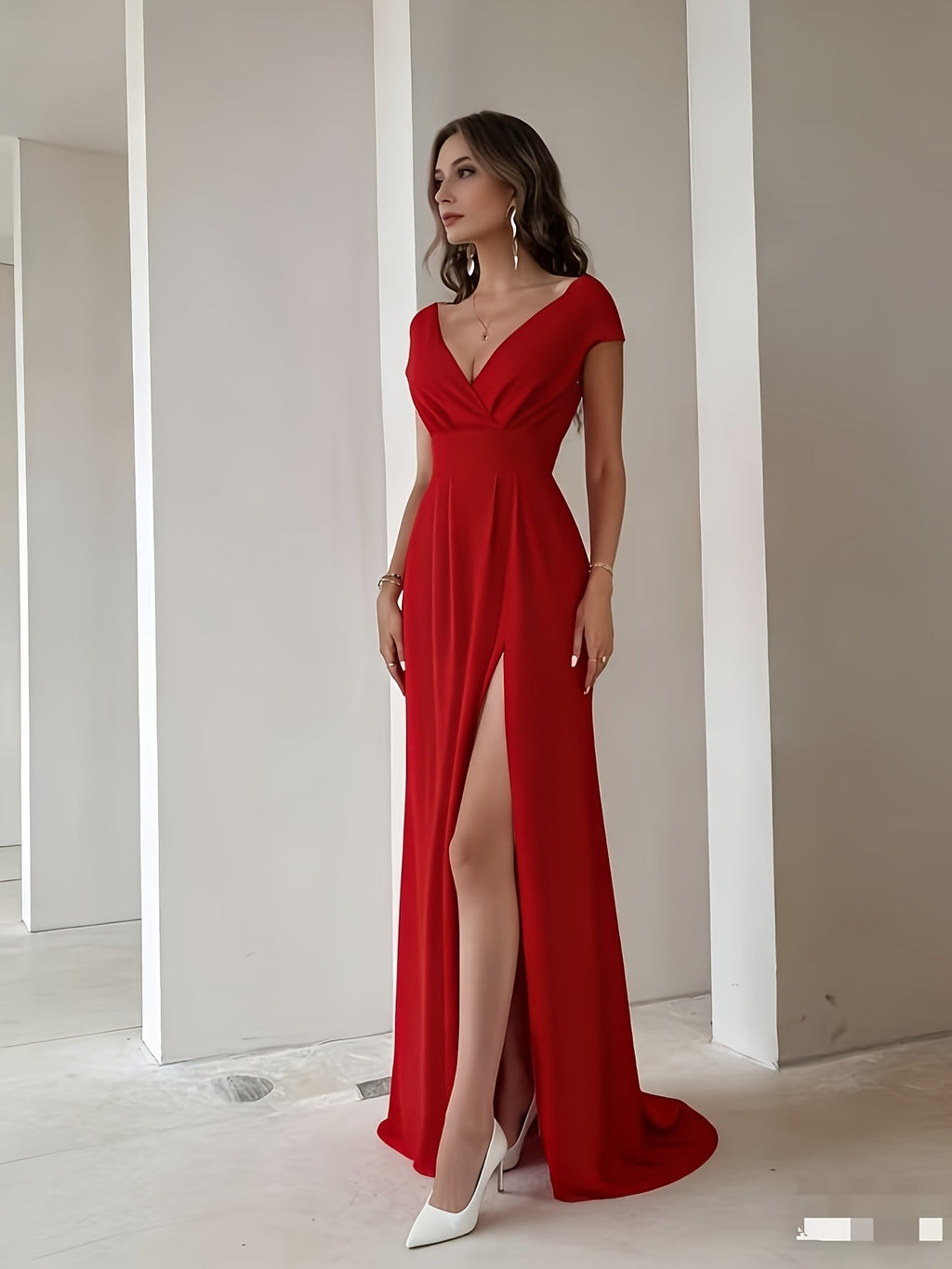 Fashionable High-end Elegant Evening Gown with Floor-length Train, Deep Red Long Dress - Red