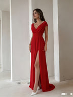 Fashionable High-end Elegant Evening Gown with Floor-length Train, Deep Red Long Dress - Red