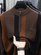Minimalist Urban Half-Zip Sweater - High Neck Zippered Cardigan with Striped Suitable for Daily Commuting, Fall Winter Warmth, Casual Office Wear, Hand Washable Layering Piece for -Casual Outfits - Coffee