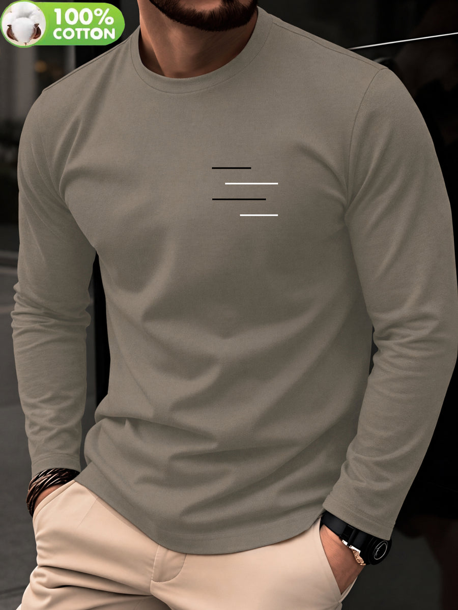 100% Cotton Men's T-Shirt, Spring Long Sleeve Thin Top, Trendy, Fashionable, Simple, Casual, Versatile, Suitable for Commuting and Daily Wear, Geometric Line Pattern, Stylish, Elegant, , and Fun - Khaki