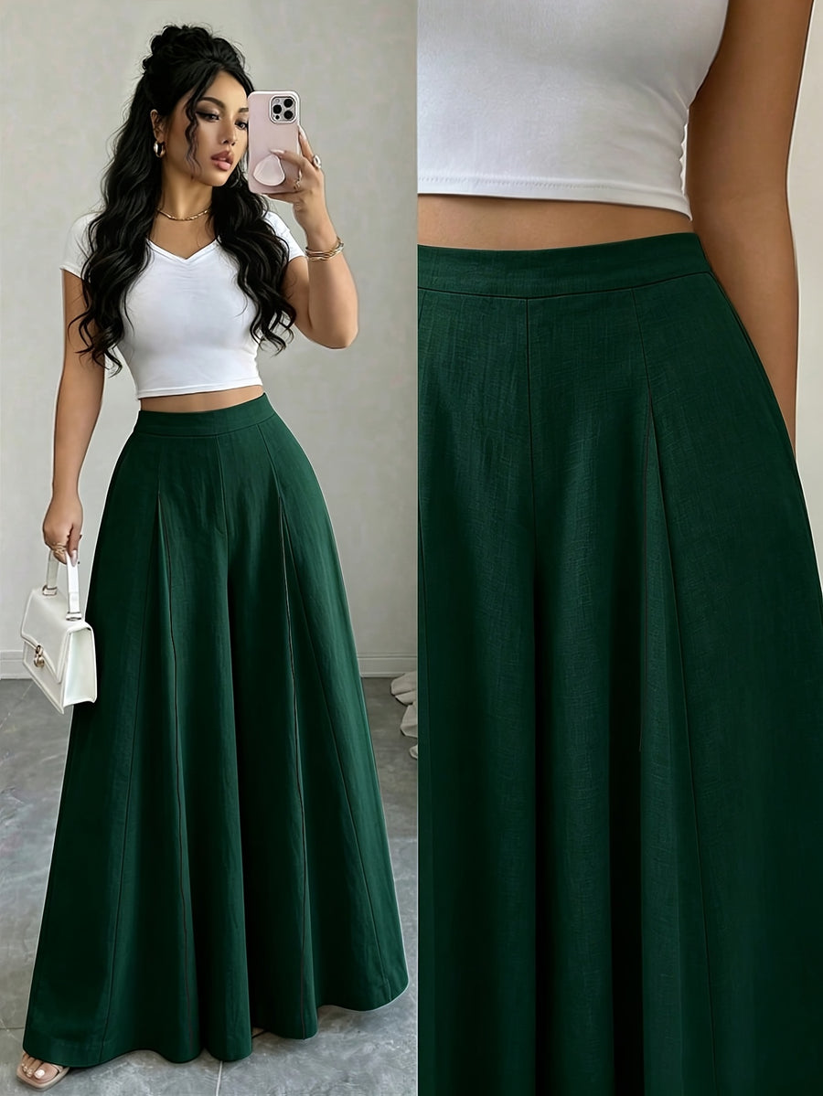 High-Waist Wide-Leg Pants, Women'S Summer Flared Skirt Design, Slim Elegant Commute Casual Trousers - Green