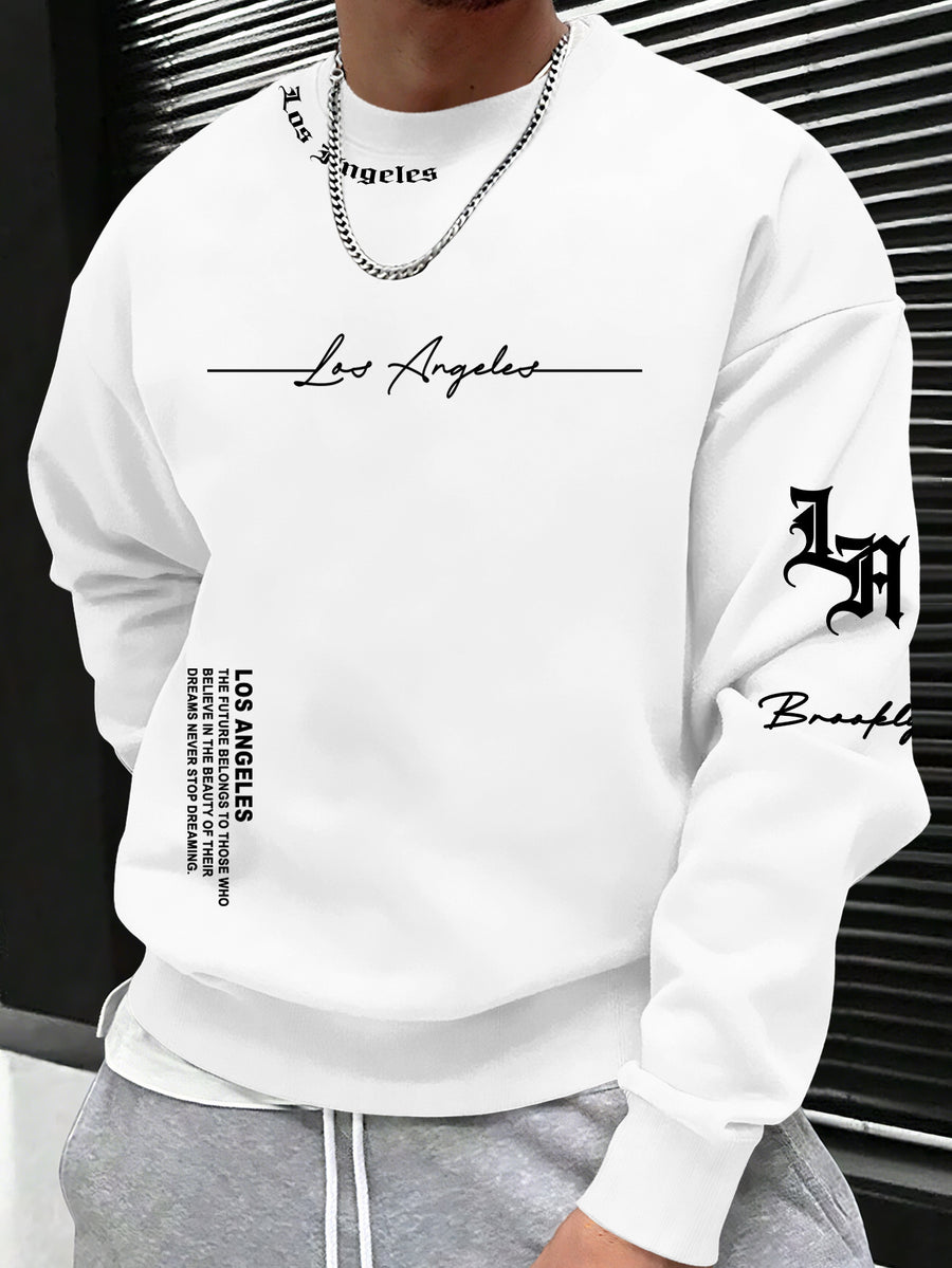 Los Angeles & Brooklyn Twin Cities Belief Crew Neck Sweatshirt" City Art Style Top! Men'S Cross-City Trend Item, City Social / Daily Outing Choice - White