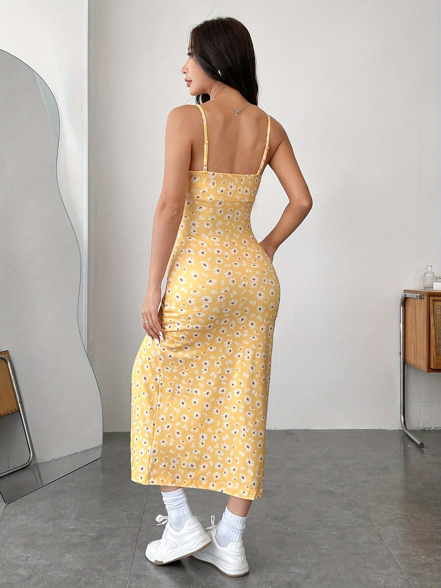 Casual printed simple daily high side split Women's dress, simple and atmospheric for vacations and gatherings - Yellow