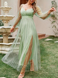 Women'S Summer New Solid Color Mesh Patchwork Elegant Long Sleeve Dress - Yellow-green