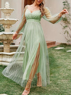 Women'S Summer New Solid Color Mesh Patchwork Elegant Long Sleeve Dress - Yellow-green