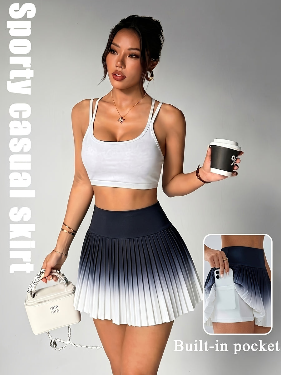 Women'S Casual High-Waisted Gradient Pleated Tennis Skirt Anti-Exposure A-Line Sports Skirt Pants with Pockets - Black