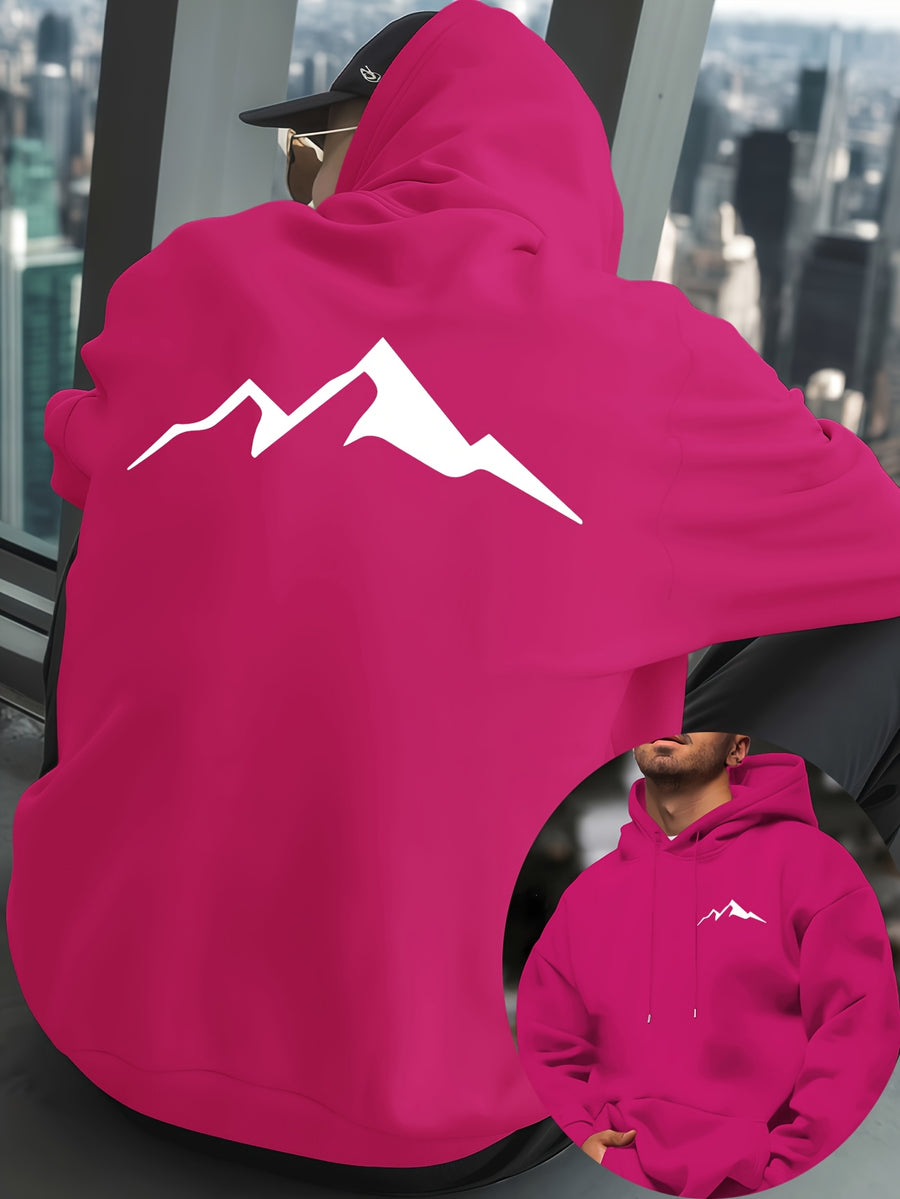 Mountain Men'S New Trendy Autumn Winter Hooded Sweatshirt, Casual Daily Drawstring Hoodie Creative Design Print, Kangaroo Pocket, Unisex Top - Rose Red