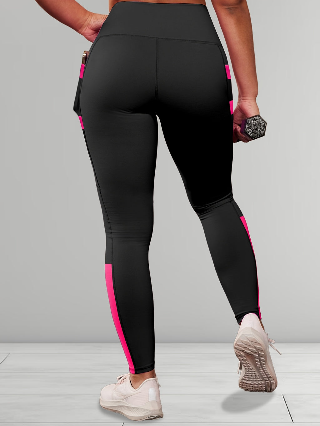 Plus Size Women's High-Waisted Yoga Pants Tummy Control Workout Leggings with 4 Side Pockets Color-blocking Design,for Running, Fitness Casual & Sports Wear - Black