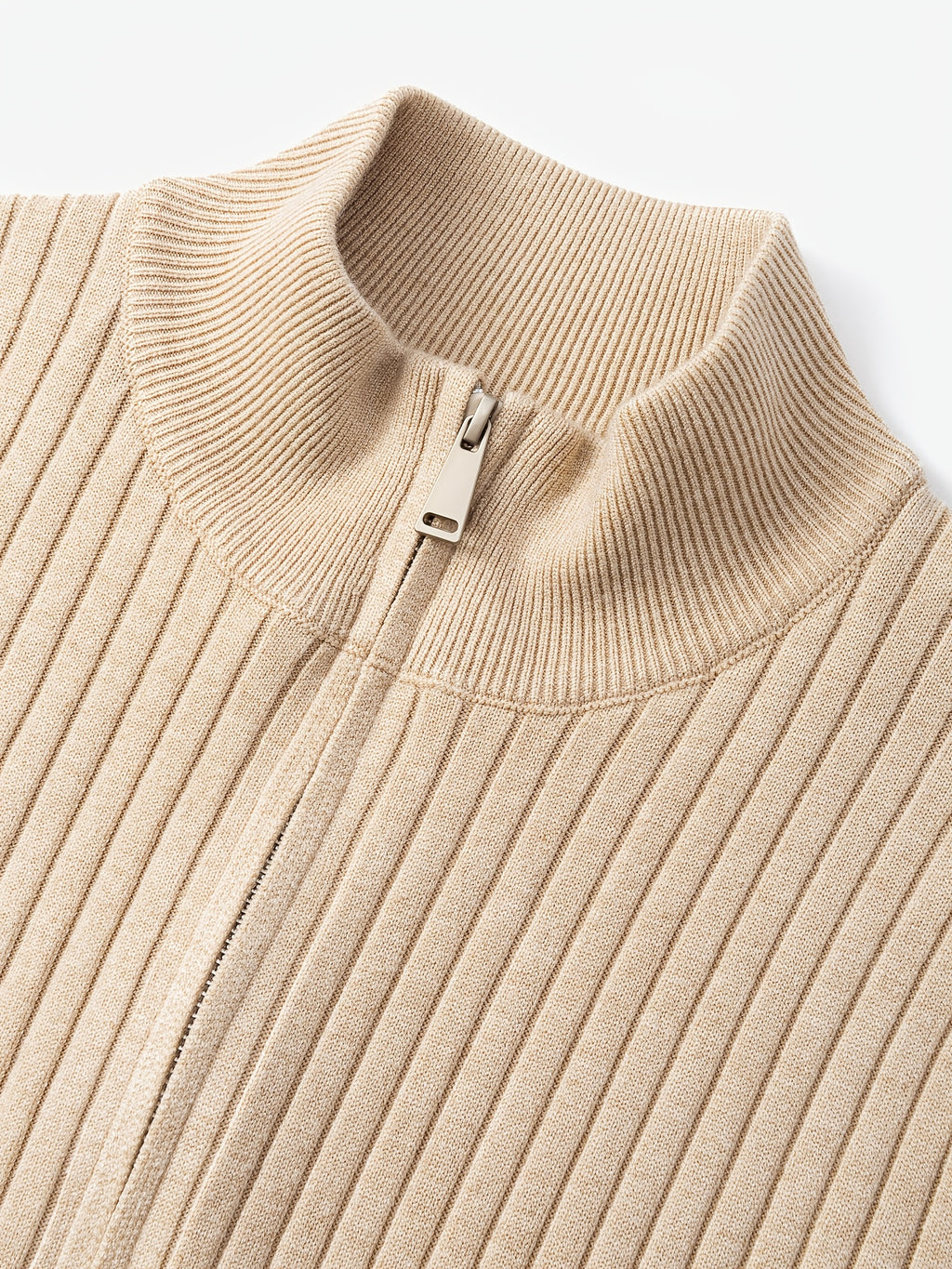 2026 Spring/Fall New Men'S Knitted Rib-Striped Zip-Up Cardigan | Stand Collar, Medium Stretch Fabric, Long Sleeve, Casual And Versatile Fit Minimalist Layering - Apricot