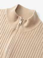 2026 Spring/Fall New Men'S Knitted Rib-Striped Zip-Up Cardigan | Stand Collar, Medium Stretch Fabric, Long Sleeve, Casual And Versatile Fit Minimalist Layering - Apricot