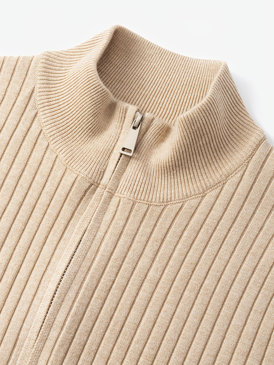 2026 Spring/Fall New Men'S Knitted Rib-Striped Zip-Up Cardigan | Stand Collar, Medium Stretch Fabric, Long Sleeve, Casual And Versatile Fit Minimalist Layering - Apricot