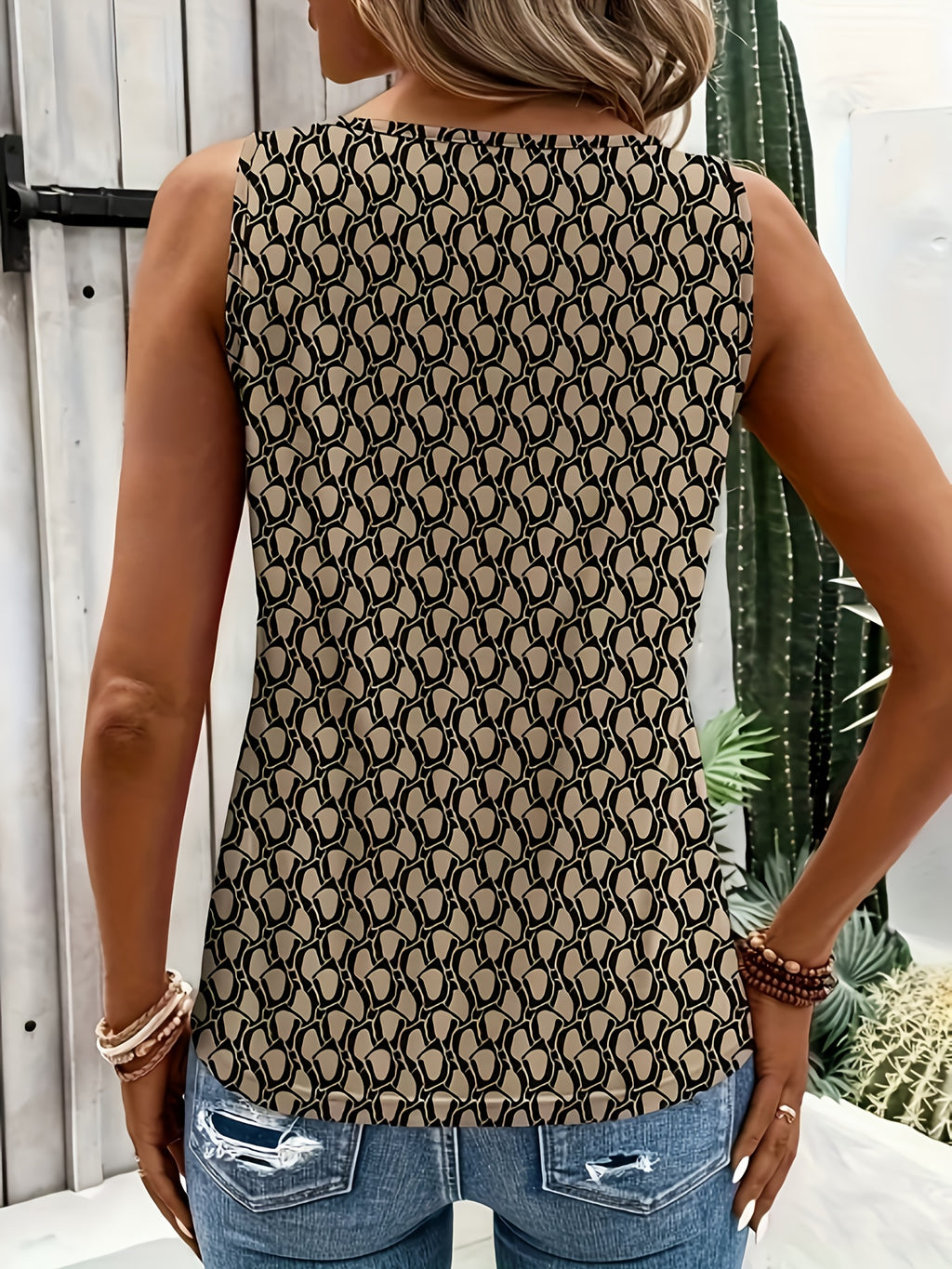 Geometric Sexy Sleeveless Vest, Round Neck Tie Metallic Ring Detail - Khaki