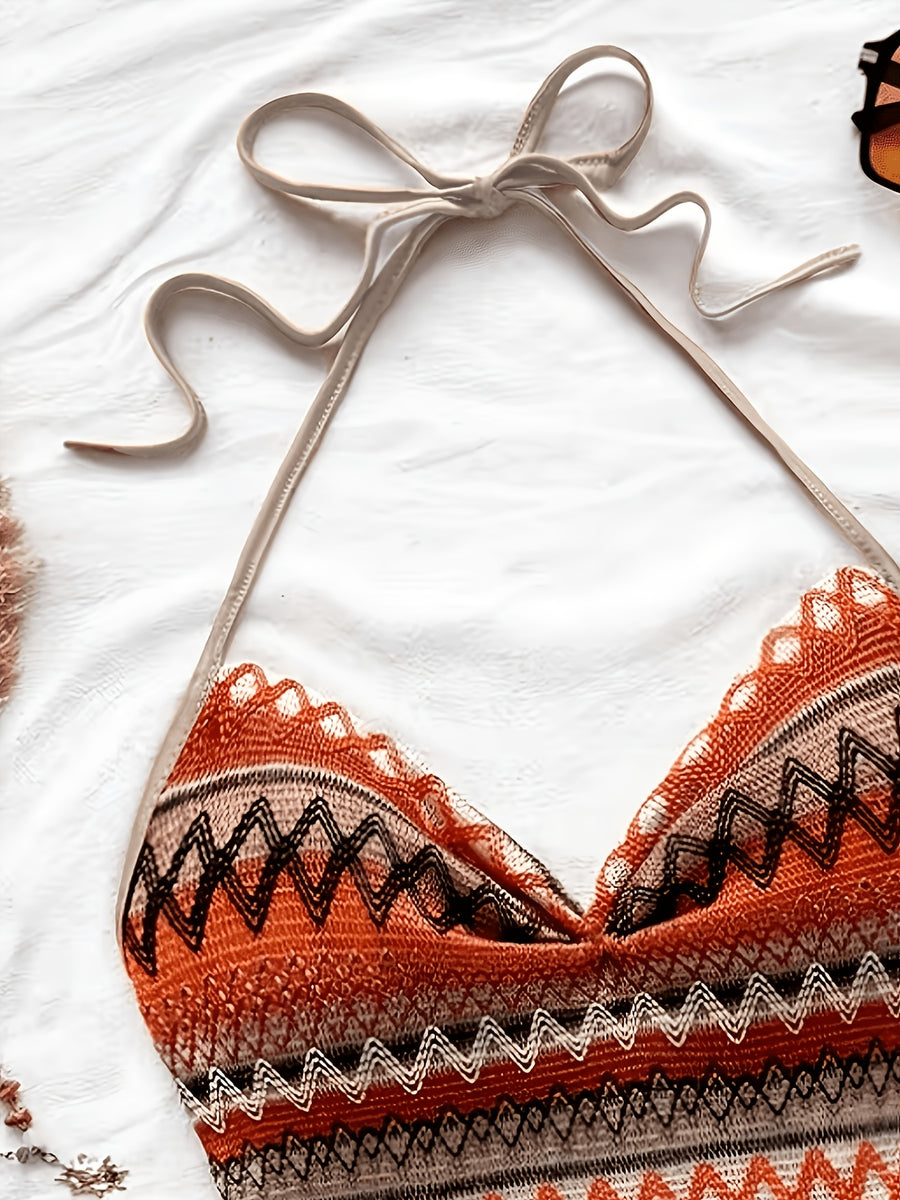 Bohemian Geometric Print Halter Neck Crop Top, Women's Triangle Hem Cami, Vintage Ethnic Sleeveless Tank Top, Summer Beach Casual Y2K Top - Multicolor
