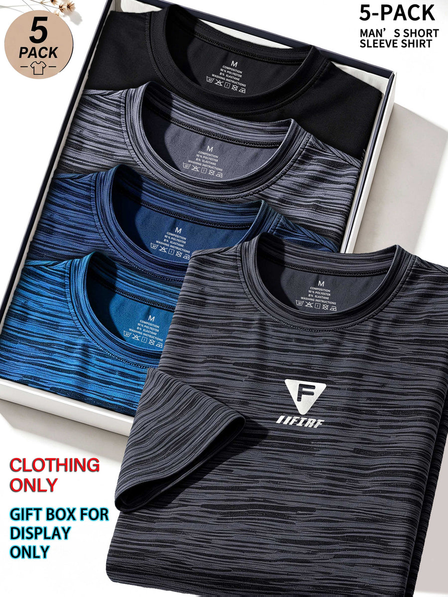 5pcs Men's Sports & Fitness Breathable Quick-Dry T-Shirts, Outdoor Travel Casual Running Printed Short-Sleeve Tees, Easy to Clean and Maintain, Lightweight T-Shirts for Daily Leisure and Gatherings, Classic Crew Neck Shirts - Dark Gray + Orchid Blue + Navy Blue + Light Gray + Black