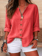 Women's Button-Up V-Neck Roll-Up Three-Quarter Sleeve Summer Casual Vacation Top JYDX - Watermelon Red