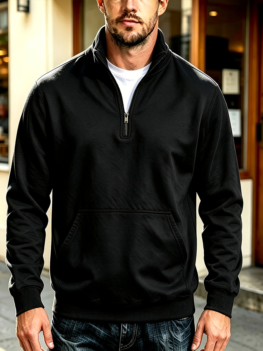 Josh Mei'S Selection of Henley Collar Shirts, Autumn And Winter Sweatshirts, Loose Casual Zip-Up Pullover Solid Color Stand Collar Fleece-Lined Solid Color Men'S Shirts - Black