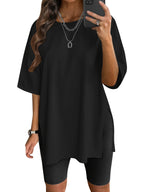 Oversized Women'S Size Top Round Neck Casual Basic Style Oversized Blouse Fashion Side Slit Loose Short Sleeve T-Shirt - Black