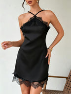 A Black Satin Body-hugging Mini Dress with Contrasting Lace Trim, Perfect for Elegant Dates, Music Festivals, Parties, Graduation Ceremonies, Holidays, Weddings, and Birthdays - Black